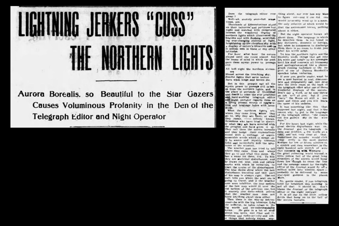 A newspaper clipping that reads, "Lightning jerkers 'cuss' the northern lights".
