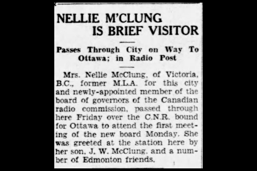A newspaper clipping that reads, "Nellie M'Clung is Brief Visitor"
