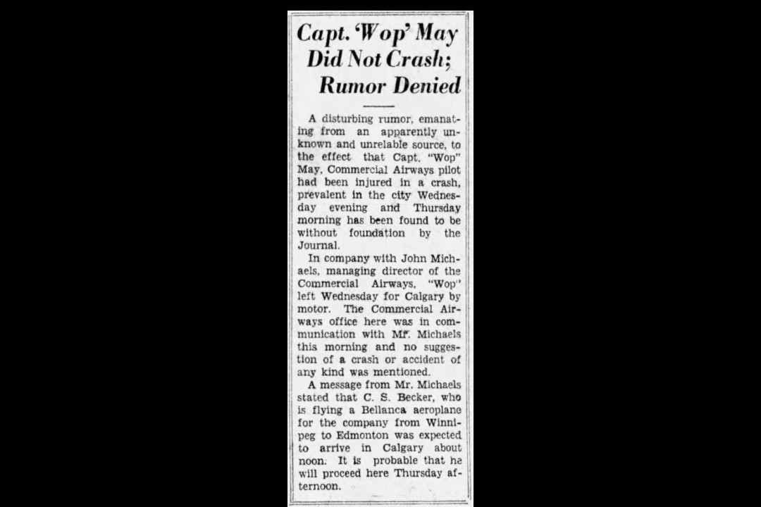 A newspaper clipping that reads, "Capt. 'Wop' May Did Not Crash; Rumor Denied"