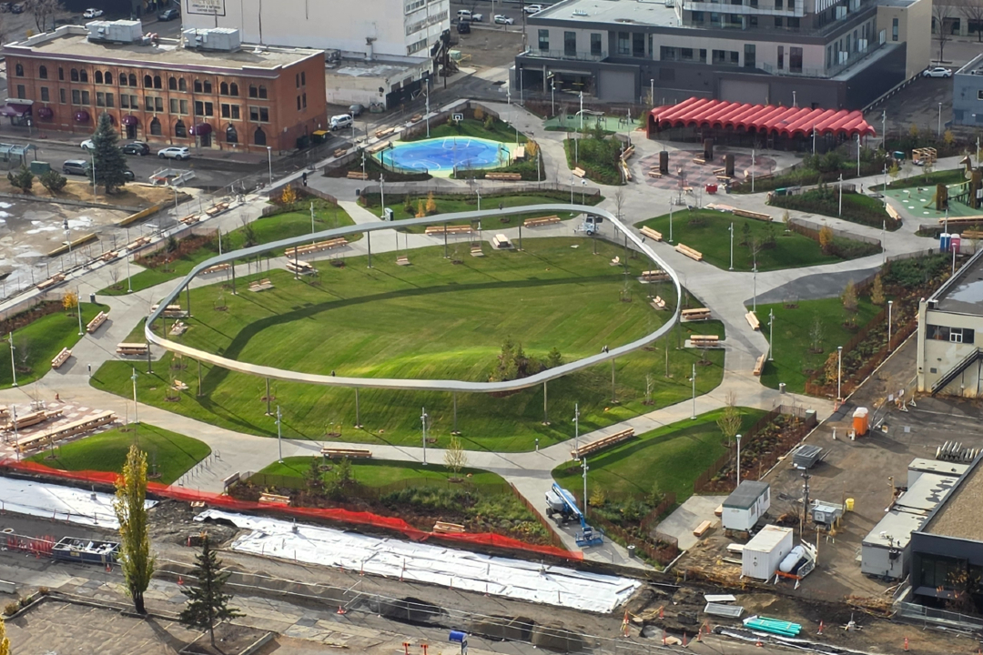 An overhead view of a downtown park.