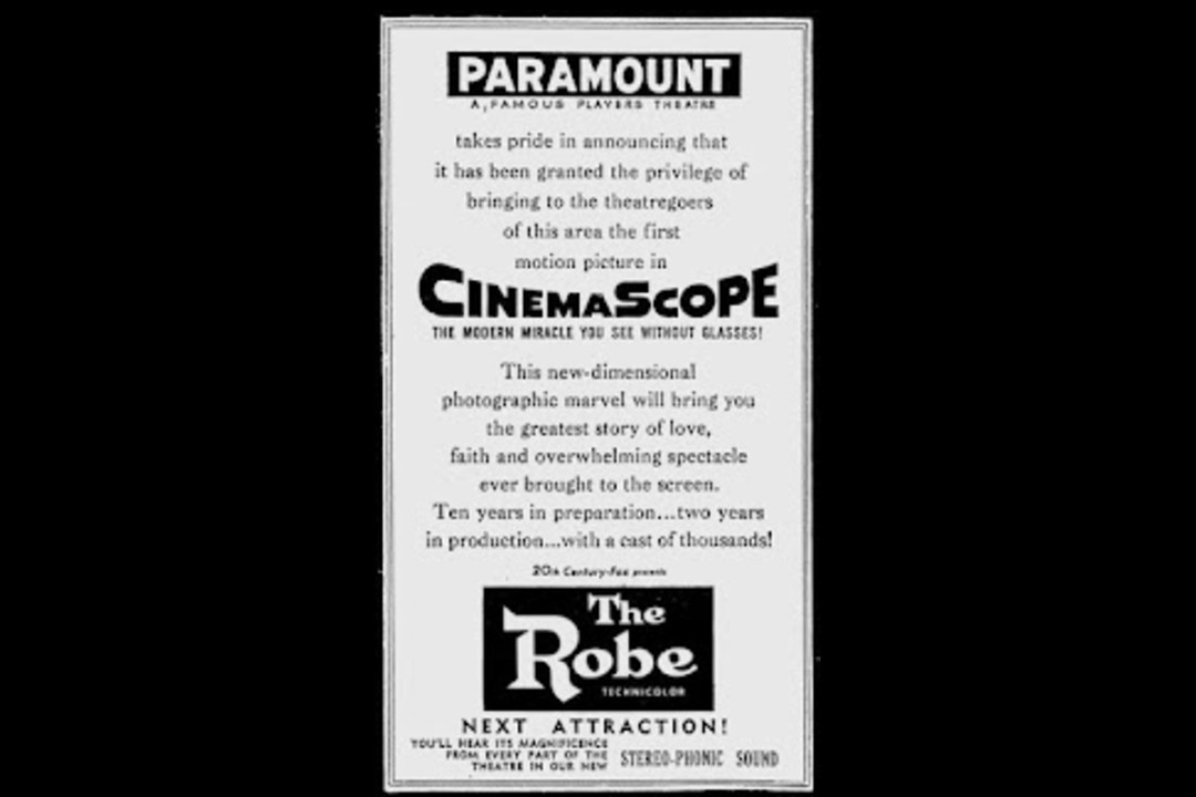 A newspaper clipping advertising movies at the Paramount Theatre