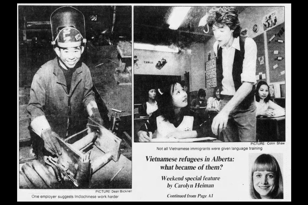 A newspaper clipping that reads, "Vietnamese refugees in Alberta: what became of them?"