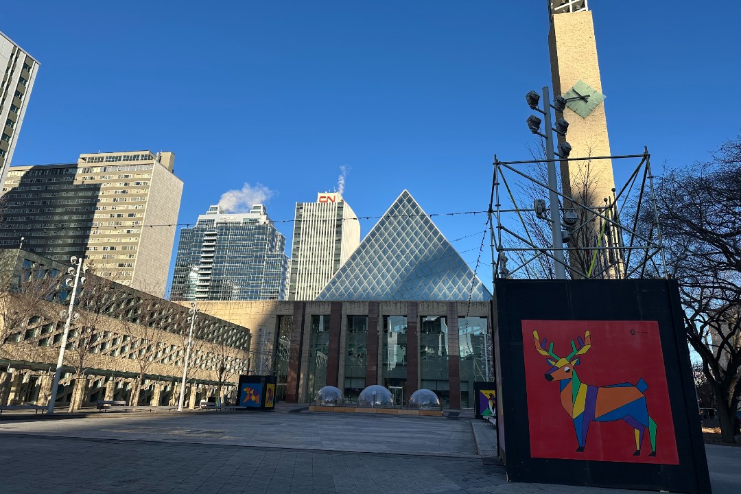 The exterior of city hall in early winter