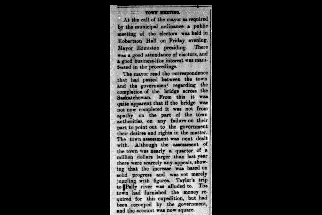 A newspaper clipping from 1898 about the "bridge across the Saskatchewan."