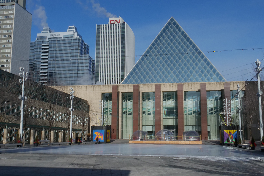 Exterior of city hall in the winter
