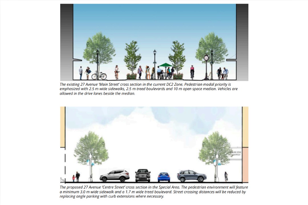 Two renderings of a street, one of which is geared towards pedestrians and one of which is geared towards vehicles.