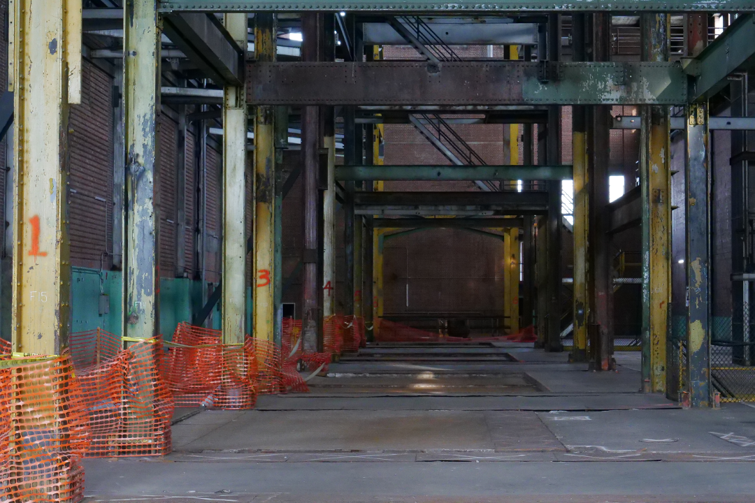 Boiler hall filled with empty stairwells and steel beams