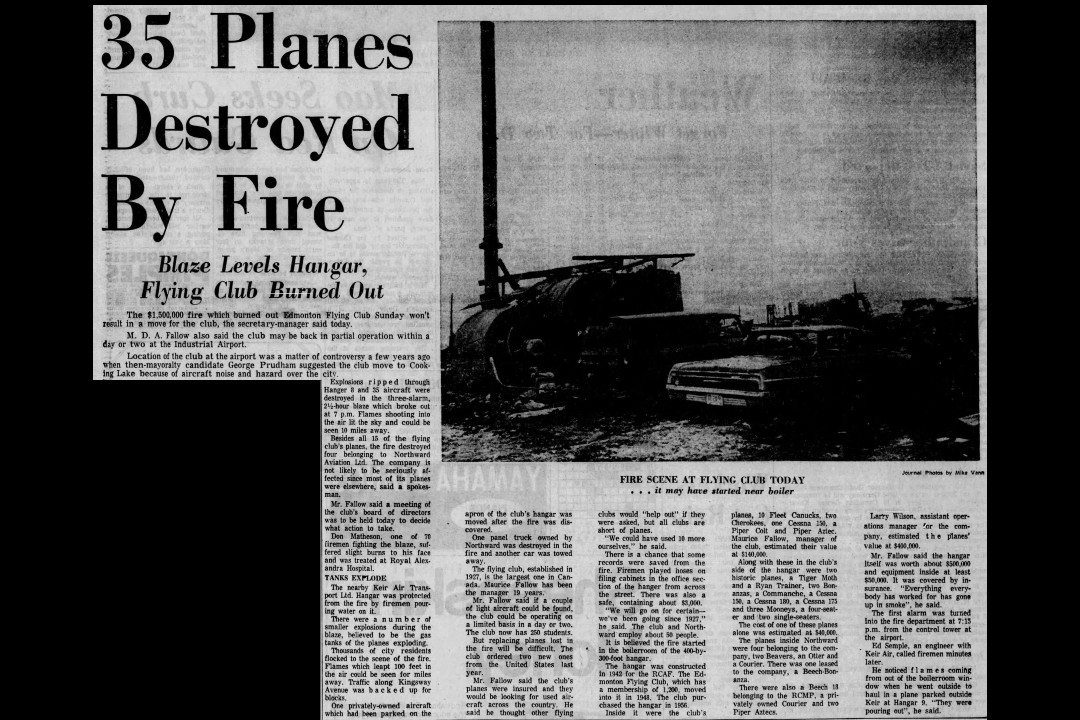 A newspaper clipping with the headline '35 Planes Destroyed By Fire' and a picture of the fire's aftermath