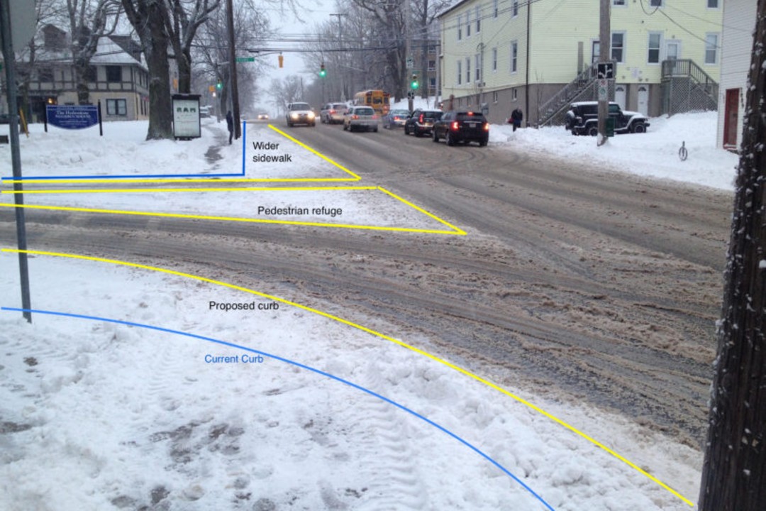 A snowy street edited to show space that is not being used by vehicles.