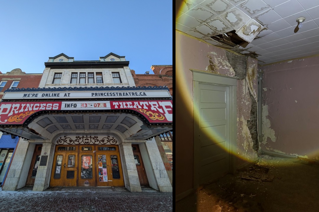 Side-by-sides photos of the Princess Theatre's exterior and interior.
