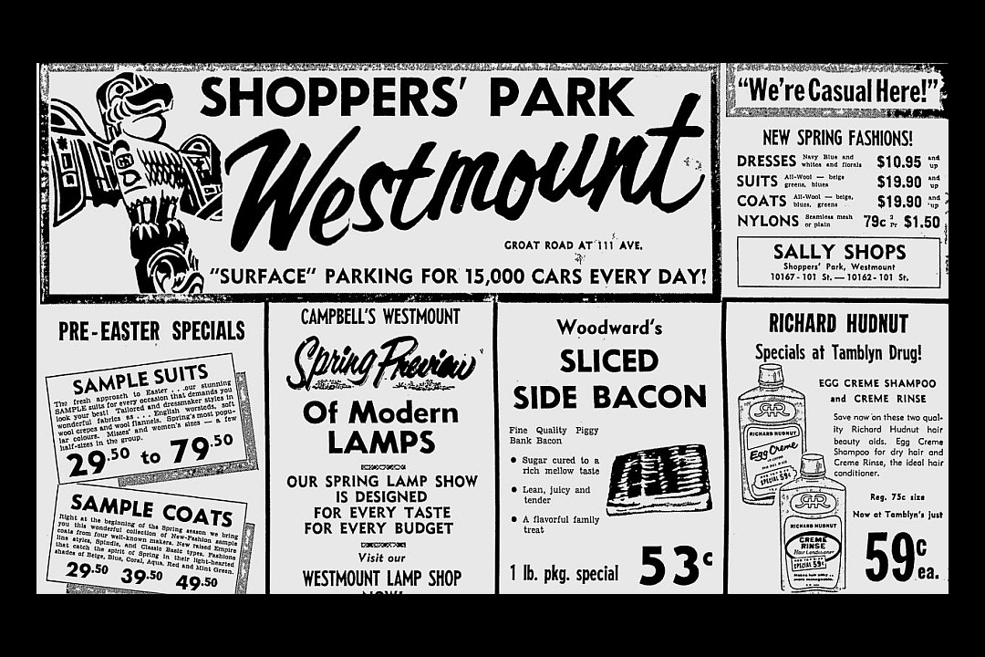 A newspaper clipping of an ad for Shoppers' Park Westmount, promising parking for 15,000 cars every day