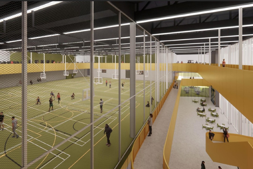 A rendering with a pickleball court on the left with an elevated running track on the right.
