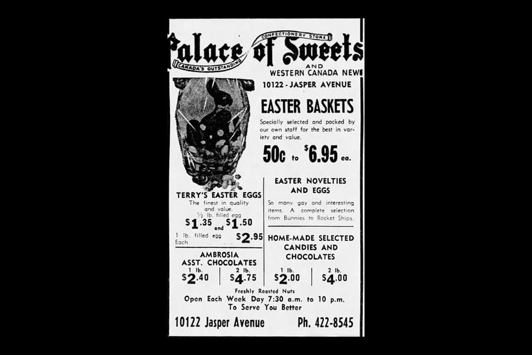 A newspaper clipping of an advertisement for Palace of Sweets at Easter time