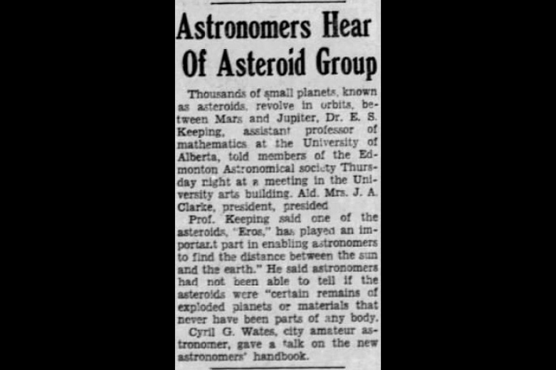A newspaper clipping with the headline 'Astronomers Hear Of Asteroid Group'
