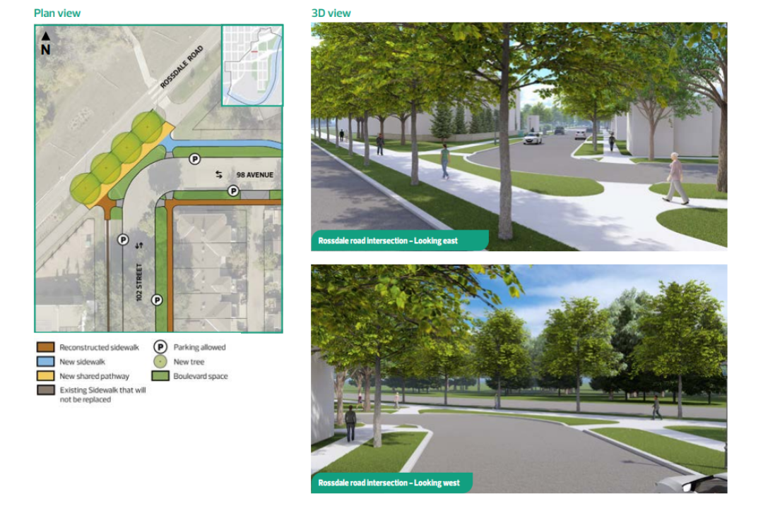 An information graphic showing a potential future closure of the intersection between Rossdale Road, 98 Avenue, and 102 Street.