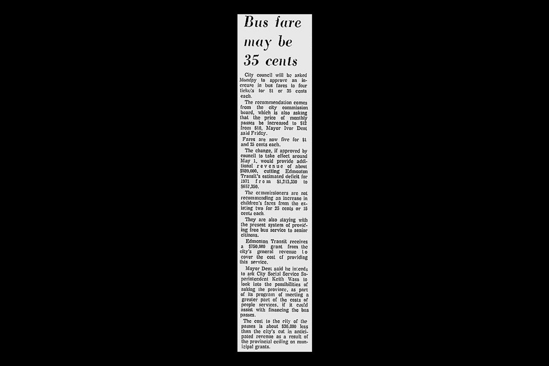 A newspaper clipping with the headline 'Bus fare may be 35 cents'