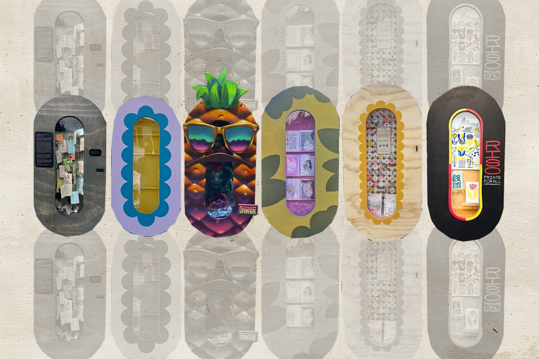 A collage of tiny art galleries shaped like phone booths