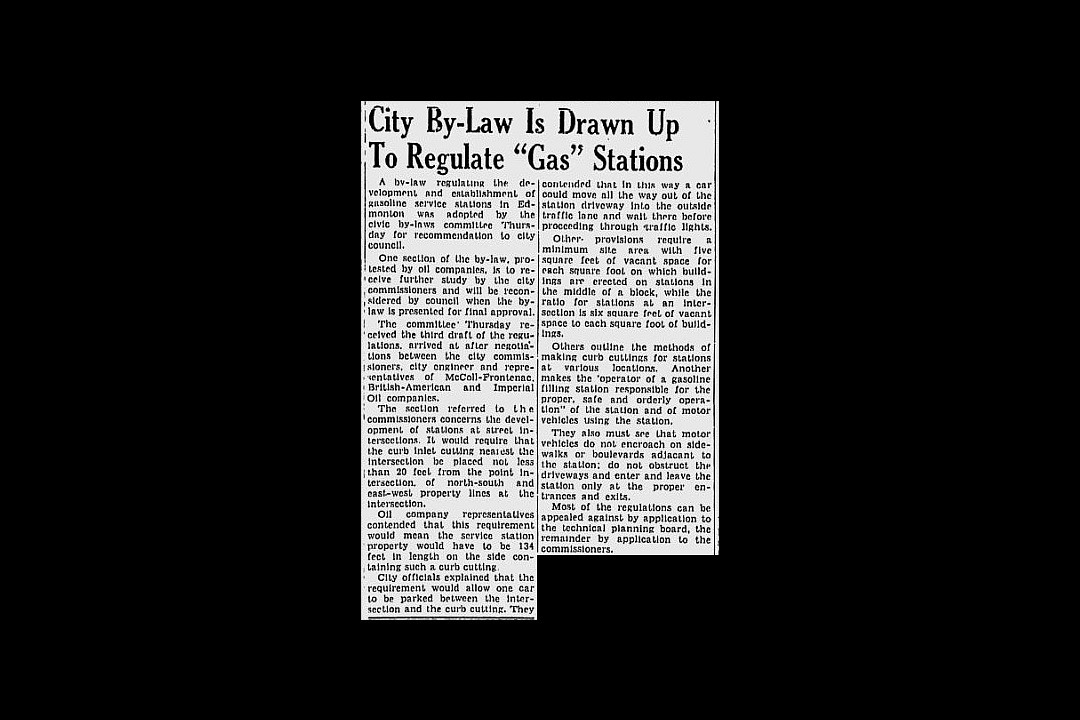 A newspaper clipping with the headline 'City By-Law Is Drawn Up To Regulate 'Gas' Stations'