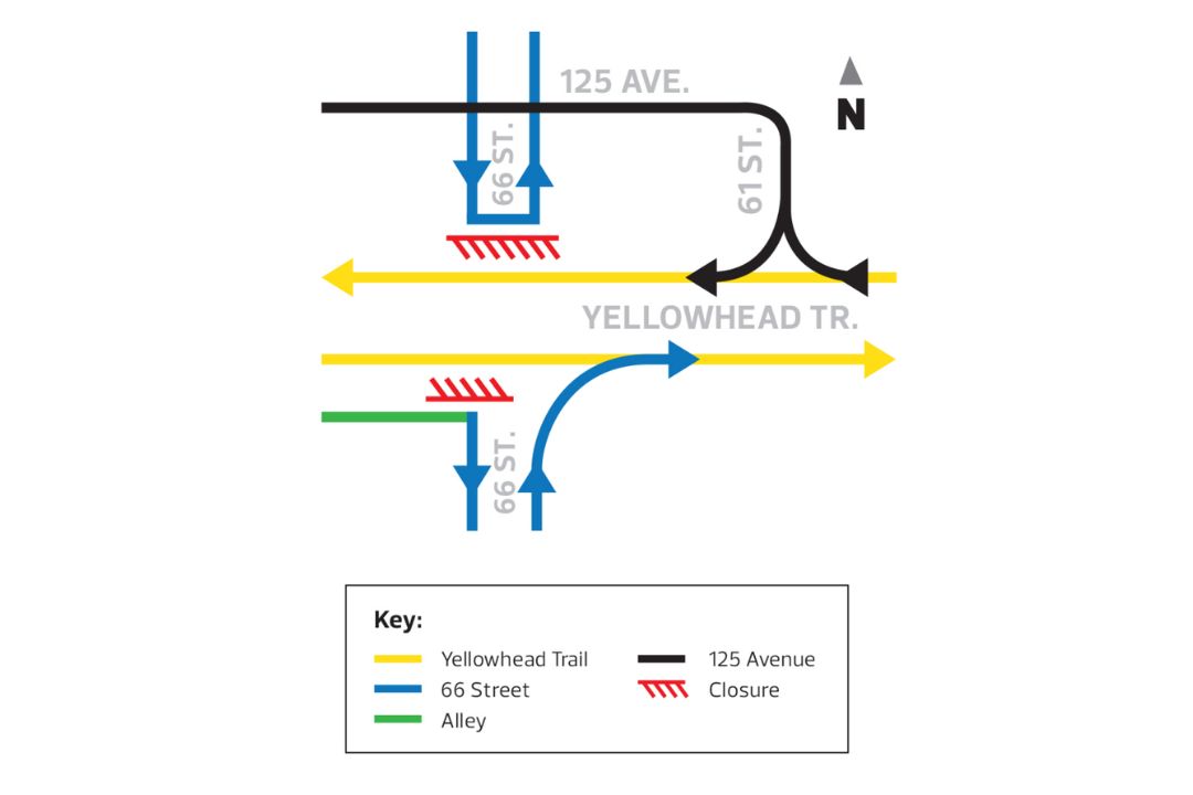 A graphic showing future changes to the intersection of Yellowhead Trail and 66 Street.