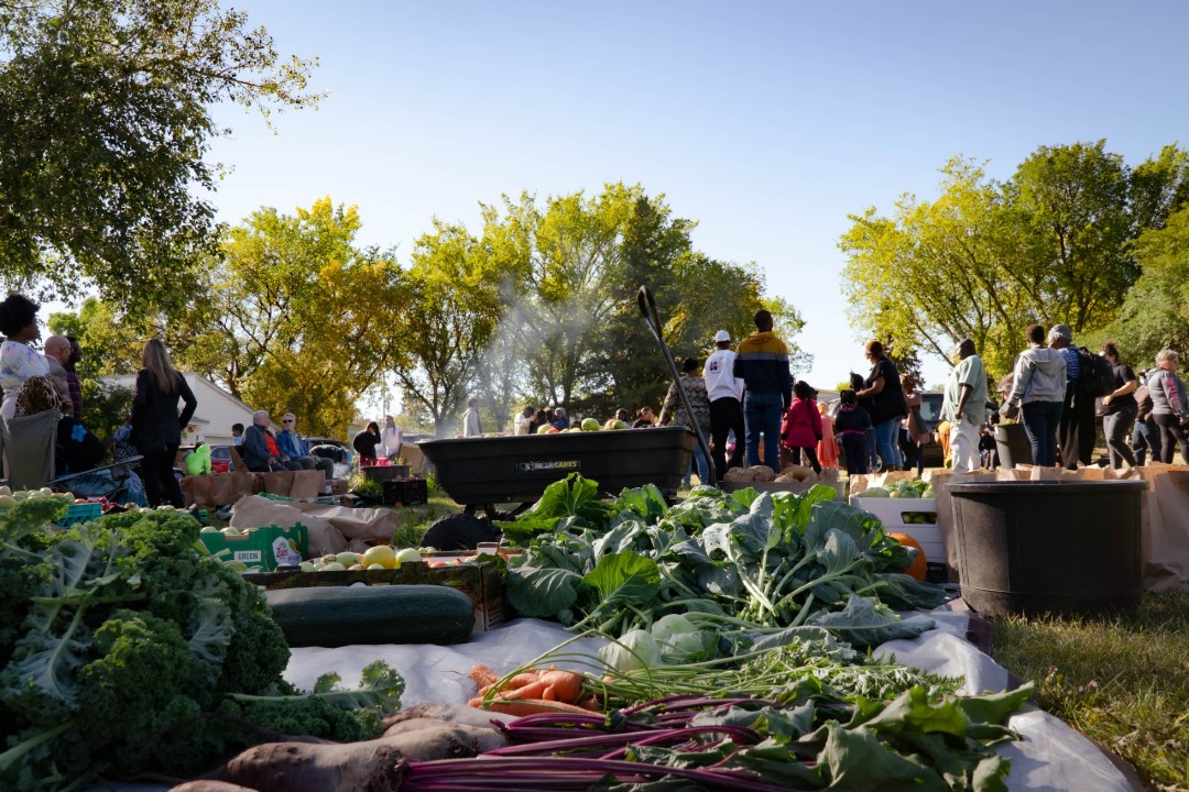 People gathered in a verdant garden and a big haul of fresh produce in the foreground.
