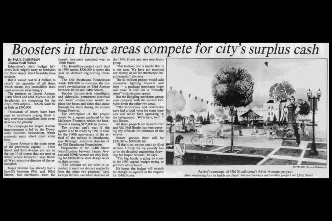 A newspaper clipping with a headline that says 'Boosters in three areas compete for city's surplus cash' with a rendering of a park