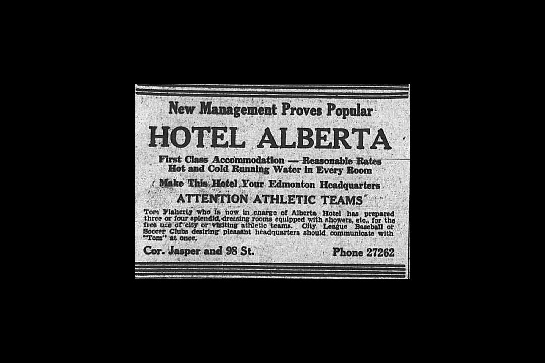 A newspaper clipping of an ad that reads 'New Management Proves Popular: Hotel Alberta'