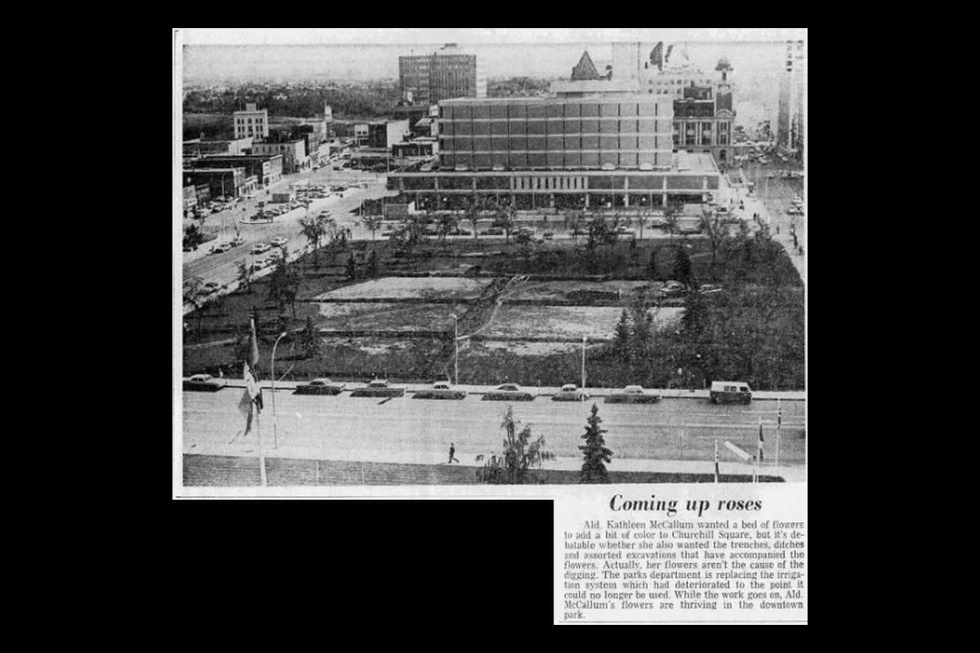 A newspaper clipping with an overhead view of Churchill Square and a headline reading 'Coming up roses'