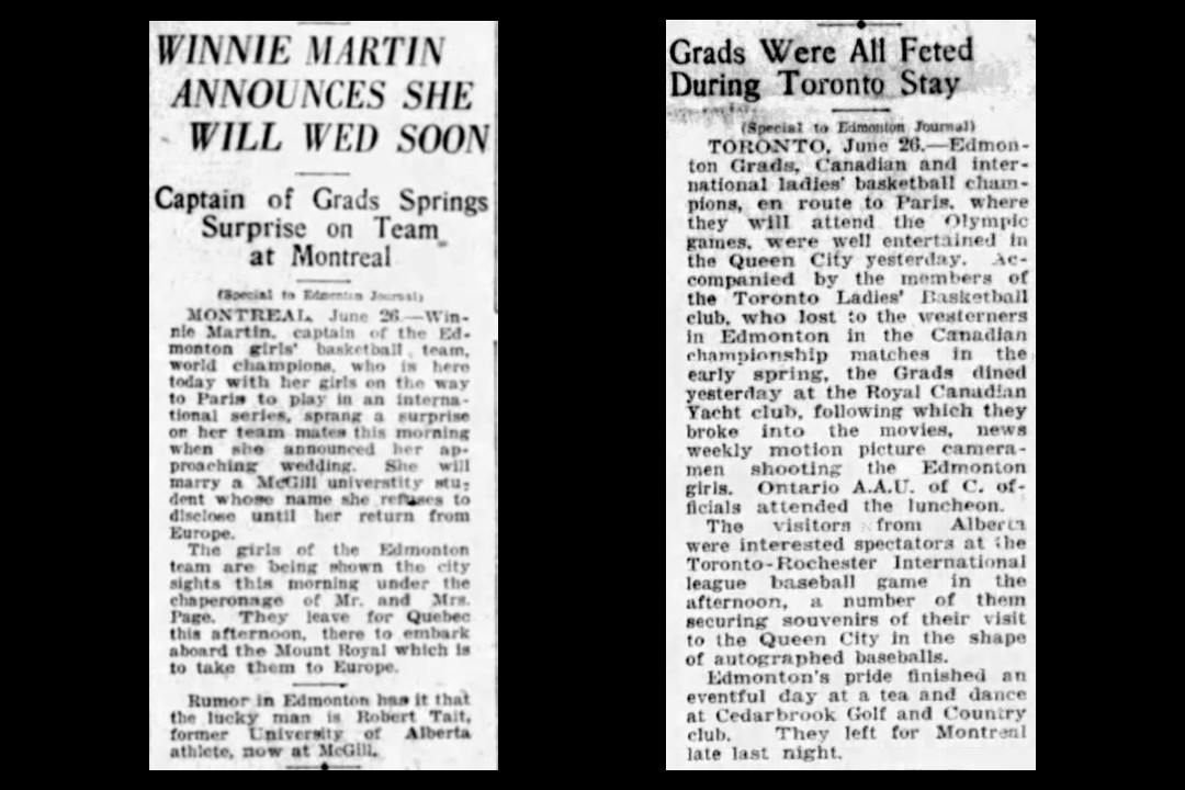 Two newspaper clippings, one headlined 'Winnie Martin Announces Whe Will Wed Soon' and the other headlined 'Grads Were All Feted During Toronto Stay'