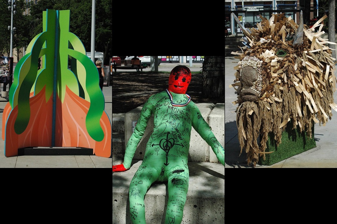 A giant, symmetrical flower, a body cast covered in neon tape and writing, and a bison made of pine cones, wood, and fibres