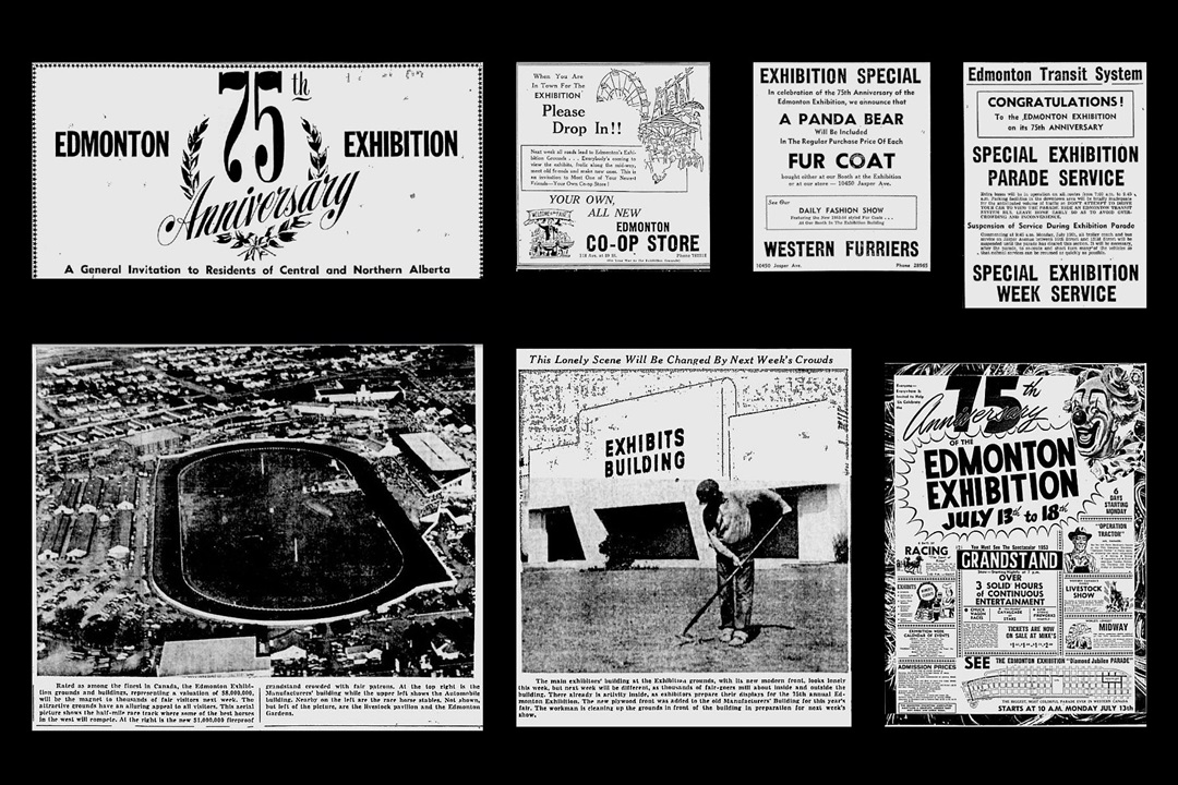 Newspaper clippings of pictures of the Exhibition Lands in 1953 and ads celebrating the 75th anniversary