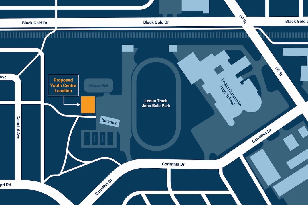 A graphic shows the proposed location of a youth centre in the west part of Kinsmen Park in Leduc