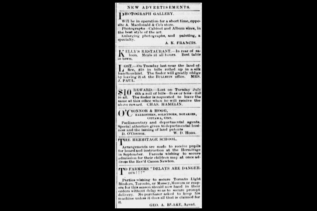 A newspaper clipping of classifed ads, including one indicating that Hermitage School was ready to receive students