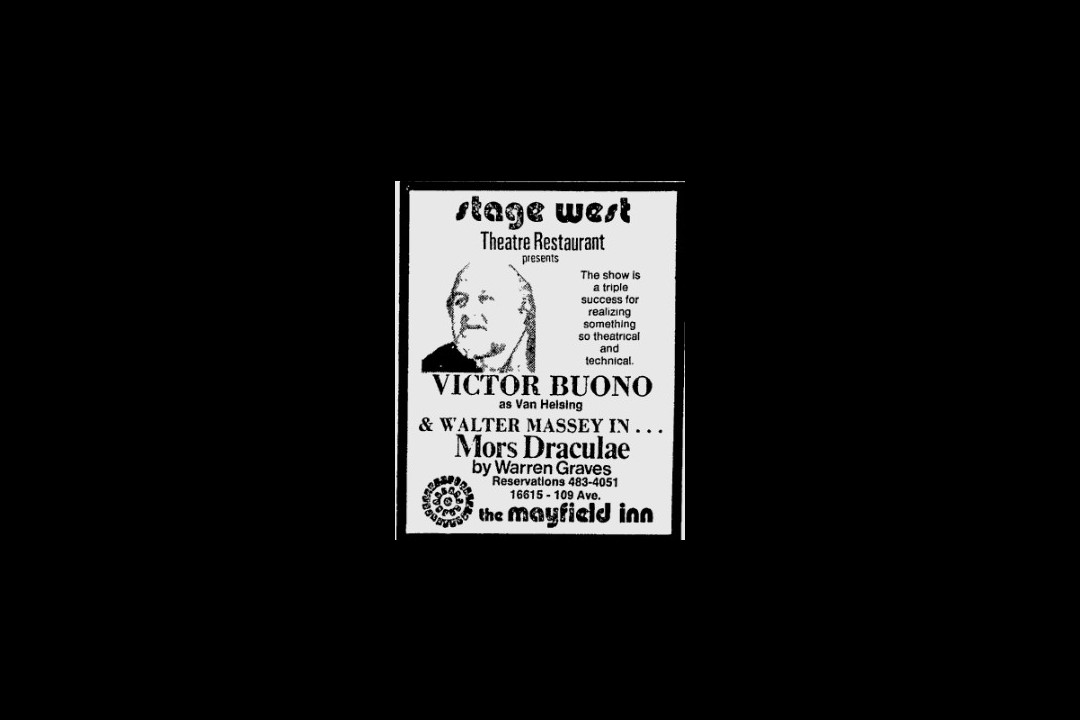 A newspaper clipping of an an for Stage West's production of Mors Draculae with Victor Buono