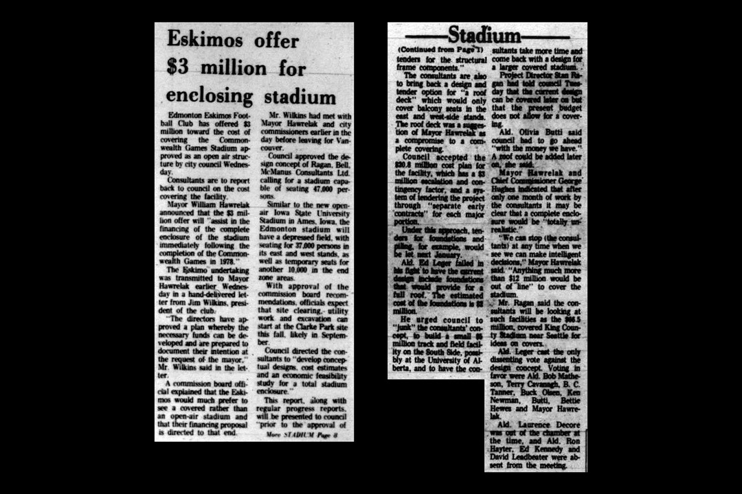 Clippings of a newspaper story under the headline 'Eskimos offer $3 million for enclosing stadium'