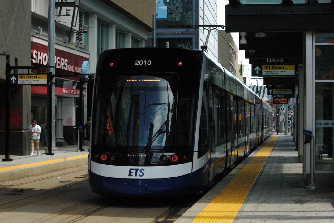 An LRT train at a downtown station
