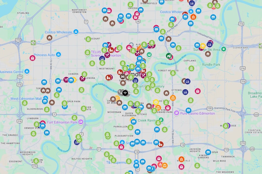 A screenshot of the Edmonton Food Resource Map, showing icons all over the city