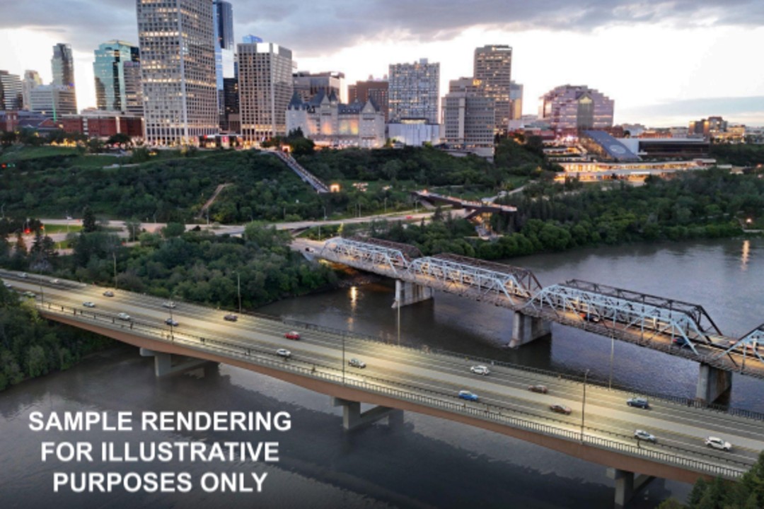 A render of a plain bridge in front of the Edmonton skyline