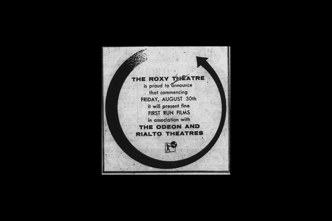A newspaper clipping of a 1957 ad that says the Roxy Theatre will start running first-run films on Aug. 30