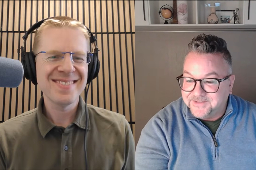 A split screen screenshot shows two smiling men