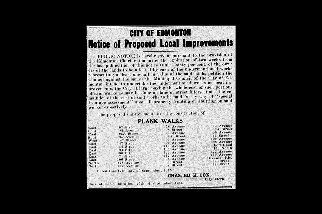 A newspaper clipping of a City of Edmonton ad about proposed plank sidewalks