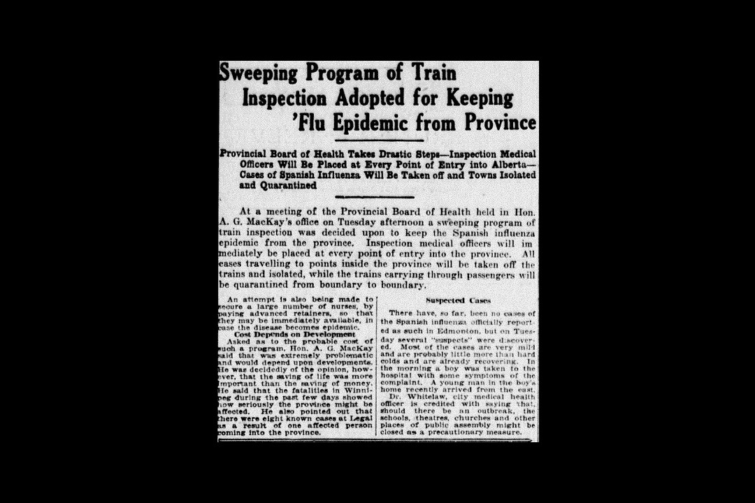 A newspaper clipping of a story with the headline 'Sweeping Program of Train Inspection Adopted for Keeping 'Flu Epidemic' from Province