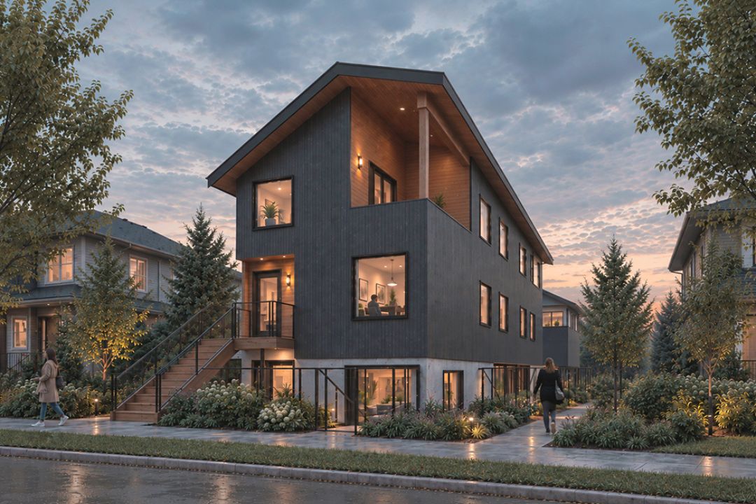 A rendering of a three-storey development with grey and wood cladding