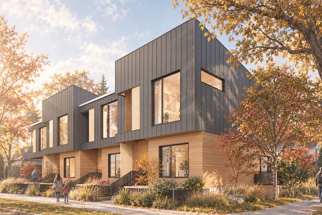 A rendering of a development with grey and wood cladding