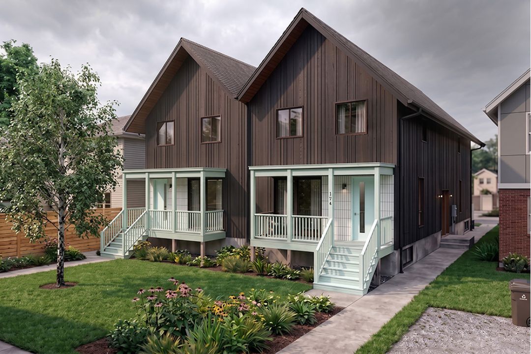A rendering of a black and teal development