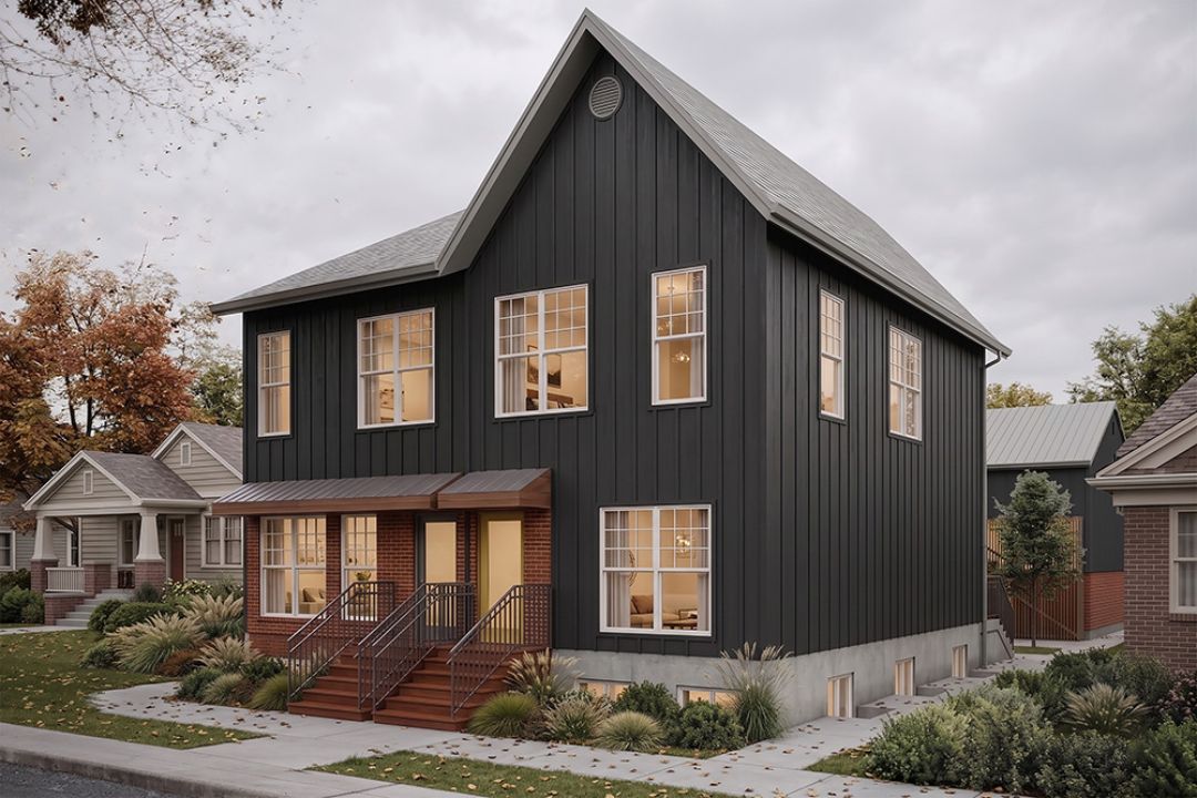 A rendering of a grey development with two front entrances