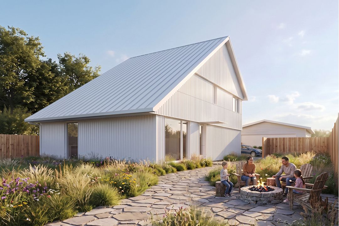 A rendering of a white garage suite