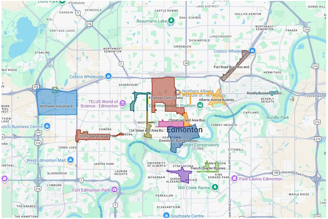 The boundaries of Edmonton's business improvement areas on Google Maps
