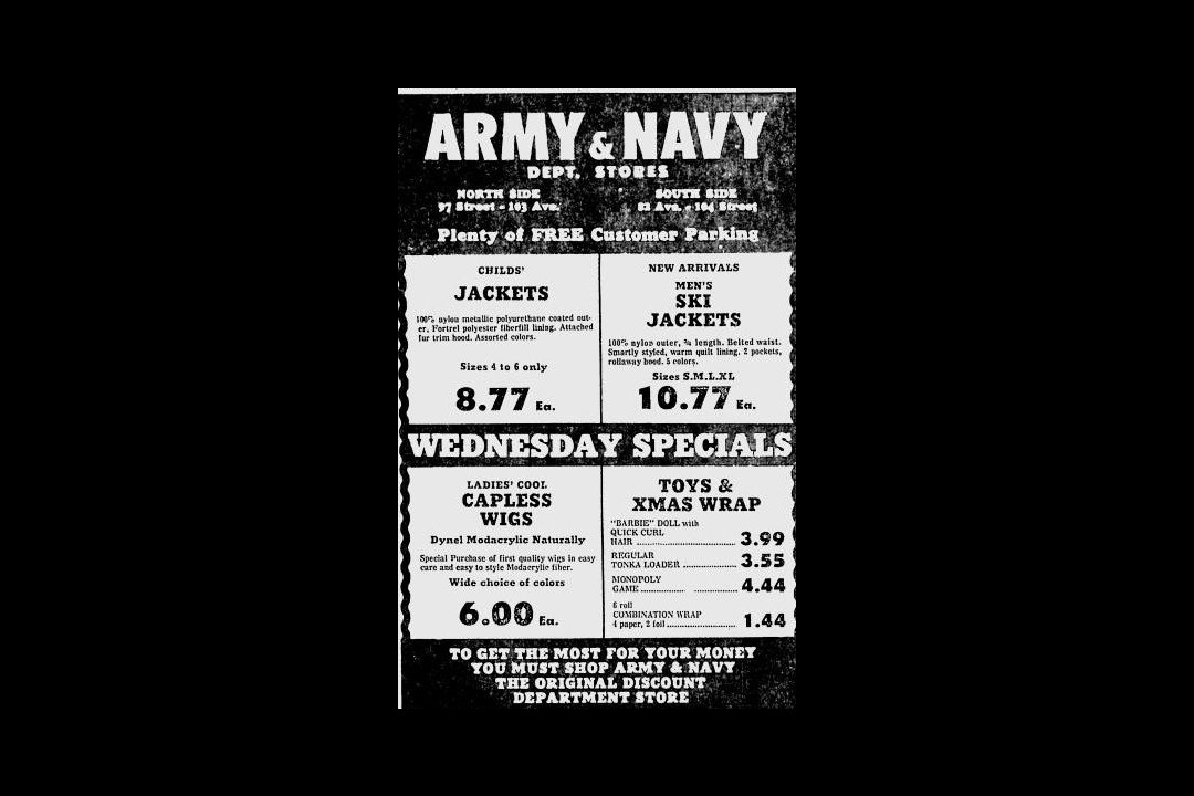 A newspaper clipping of an ad for Army and Navy