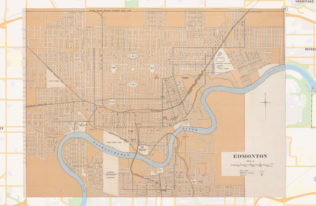This shows what Edmonton looked like in 1915 overlayed with Edmonton’s current Google map. Click here for an interactive version. CREDIT: David Rumsey/Geofencer.com
