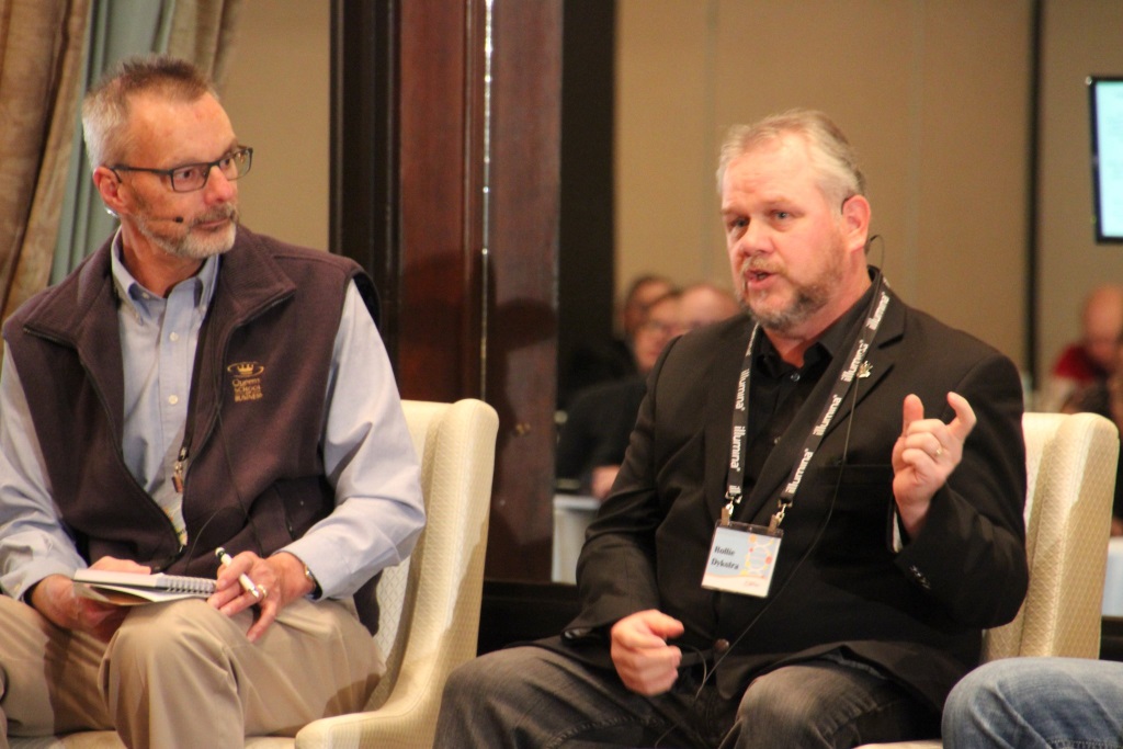 Rollie Dykstra, right, vice-president of investments for Alberta Innovates, speaking at a conference in Edmonton in 2017. Photo by Alberta Innovates.